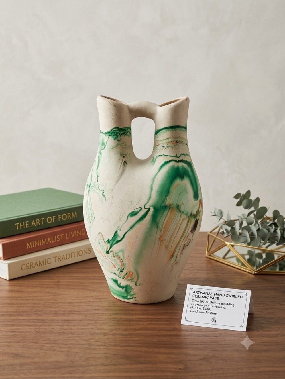 VTG 1980s Nemadji Art Pottery Wedding Vase Green Swirl Double Spout Signed